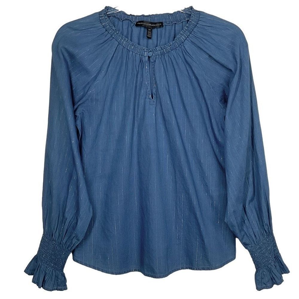 White House Black Market Blue Chambray Striped Peasant Top XS X-Small
